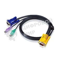Шнур, мон+клав+мышь PS/2, SPHD15=>HD DB15+2x6MINI-DIN ATEN (2L-5202P) Male-3xMale, 8+6+6 проводов, опрессованный, 1.8 метр., черный