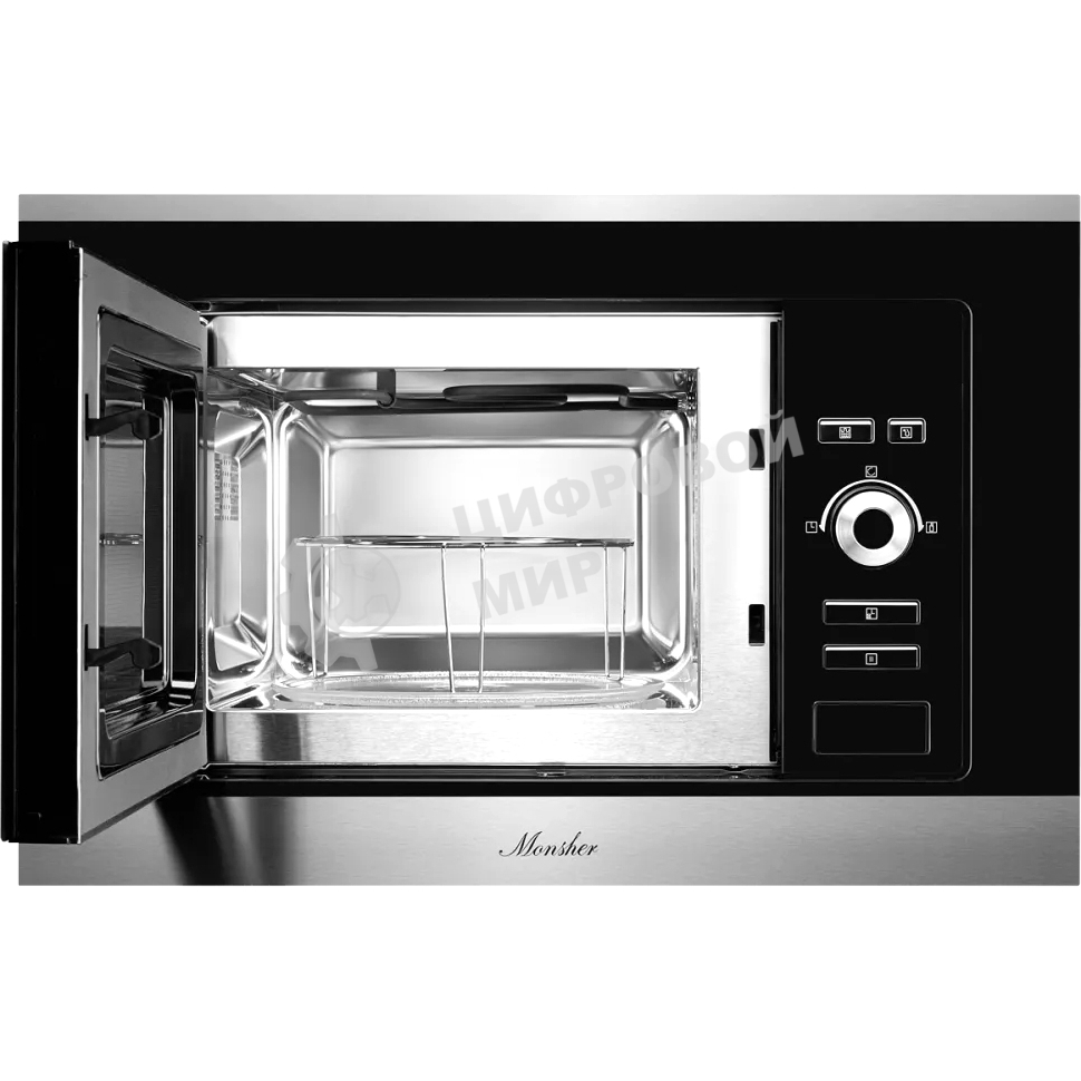 Встраиваемая микроволновая печь Monsher MMH 201 BX 60 см, 20 л, 8 автоматических кулинарных программ, 5 режимов мощности, функция размораживания по весу полуфабрикатов или по времени, черный и нерж.