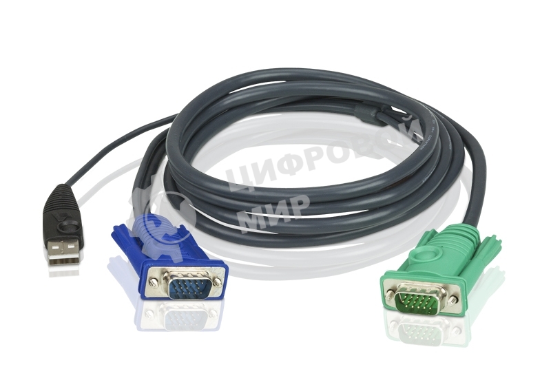 Шнур, мон+клав+мышь USB ATEN, SPHD15=>HD DB15+USB A-Тип, Male-2xMale, 8+4 проводов, опрессованный, 3 метр., черный, (2L-5203U)