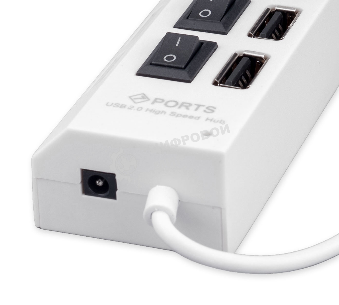 Разветвитель USB2.0 Gembird UHB-U2P7-01W, 7хUSB, с доп. питанием, подсветка и выключатели, кабель USB 55 см, белый, коробка