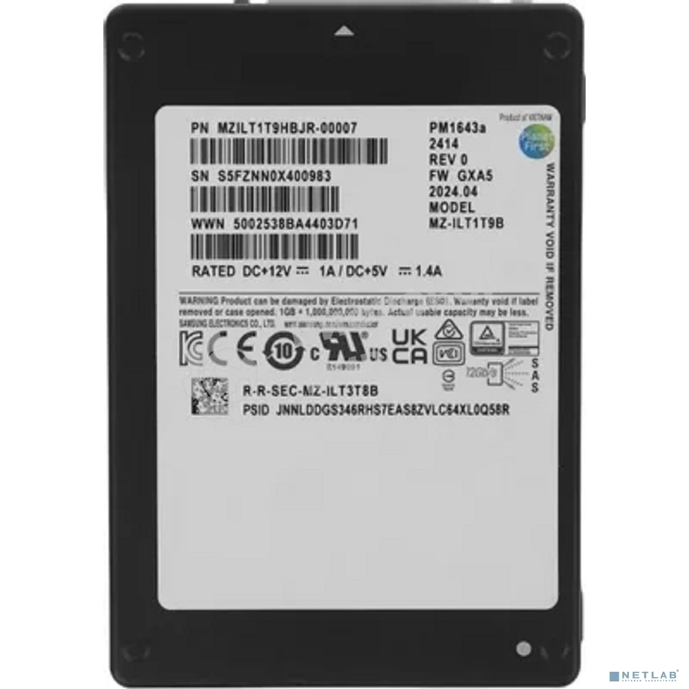Накопитель SSD Samsung Enterprise PM1643a, 1.92Tb, SAS 12Gb/s, 2.5