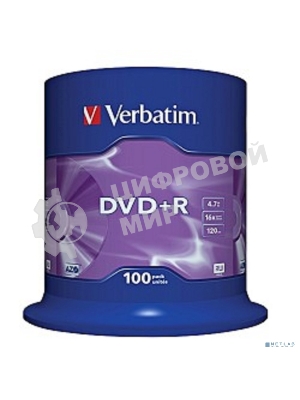 Диск DVD+R Verbatim 4.7Gb 16x Cake Box (100шт) (43551)