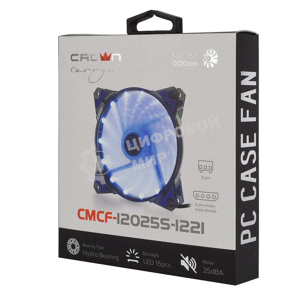Вентилятор для корпуса Crown CMCF-12025S-1221 черный/синий, 120 мм, 1650 об/мин, 28 дБ, 3 pin