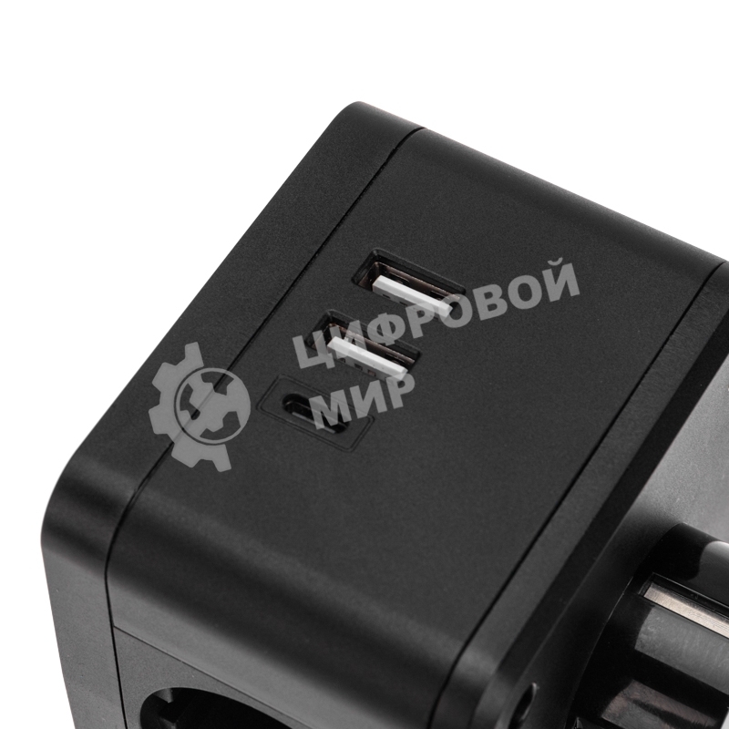 Двойник электрический Rexant Куб 16А с заземлением + 2хUSB-A 2,4А + USB Type-C 3А с ночной подсветкой, черный