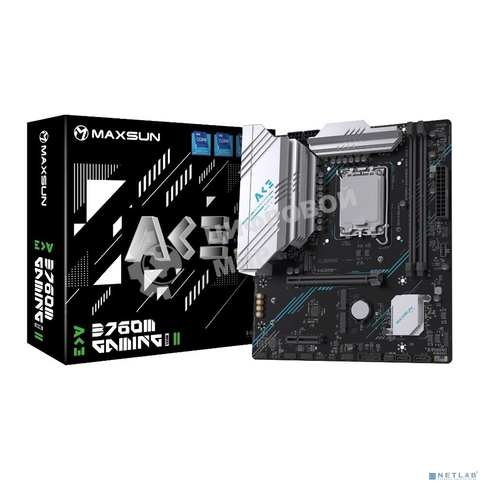 Материнская плата Maxsun MS-B760M GAMING WIFI ACE II, LGA1700, Intel B760, 2xDDR5, 2xSATA, 3xM.2, 1xPCIe 4.0 x16, 1xPCIe 4.0 x4, 2xHDMI, 1xDP, 1x2.5Gb LAN, Wi-Fi 6, Bluetooth 5.2, 1xUSB-C 10Gbps, 2xUSB-A 5Gbps, 2xUSB-A 2.0, 3x3.5 мм, 7.1, mATX