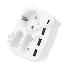 Тройник электрический Rexant 16А + 2х2,5А с заземлением + 3хUSB-A 2,4А + USB Type-C 3А, белый