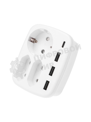 Тройник электрический Rexant 16А + 2х2,5А с заземлением + 3хUSB-A 2,4А + USB Type-C 3А, белый