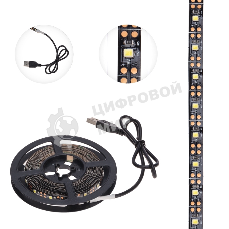 Лента светодиодная с USB-коннектором 5 В, IP23, SMD 2835, 60 LED/м 3 м белый (6500 K) LAMPER
