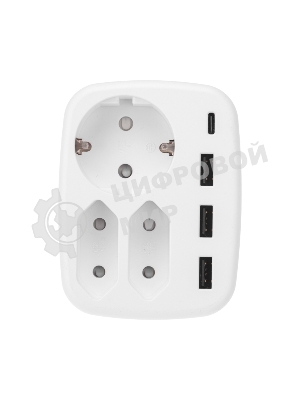 Тройник электрический Rexant 16А + 2х2,5А с заземлением + 3хUSB-A 2,4А + USB Type-C 3А, белый