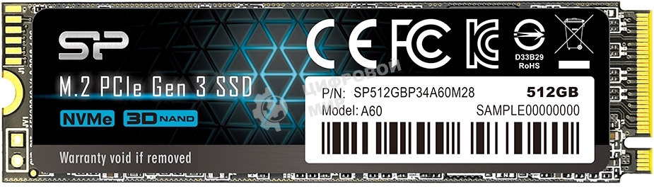 Накопитель SSD Silicon Power P34A60, 512Gb, M.2 2280, PCIe 3.0 x4, NVMe, R/W 2200/1600