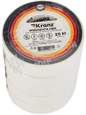 Изолента ПВХ Kranz 0.13х19 мм, 25 м, белая (5 шт./уп.)