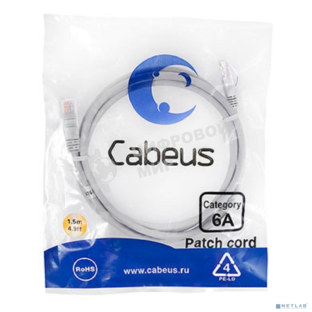 Шнур коммутационный Cabeus, cat.6a, неэкр., U/UTP, RJ45/RJ45, LSZH, AWG24, 1.5м, серый