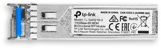 Модуль TP-Link SFP 1000Base-BX WDM Bi-Directional SFP module, TX: 1310 nm and RX: 1550 nm, 1 LC Simplex port, up to 2 km transmission distance in 9/125 μm SMF (Single-Mode Fiber), Supports Digital Diagnostic Monitoring (DDM).
