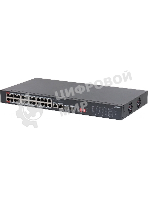 Коммутатор неуправляемый 24-портовый DAHUA DH-S3226-24ET-240 с РоЕ, 24xRJ45 100Mb PoE, 2хКомбо SFP/RJ45 1Gb uplink, суммарно 240Вт, коммутация 8.8 Гбит/с, MAC-таблица 8К