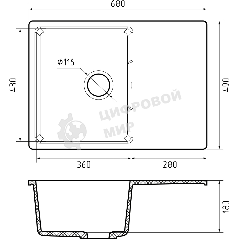 Мойка GranFest Urban 668L темно-серый 1-чаша+крыло 680x490мм, монтаж: врезной, материал: кварц