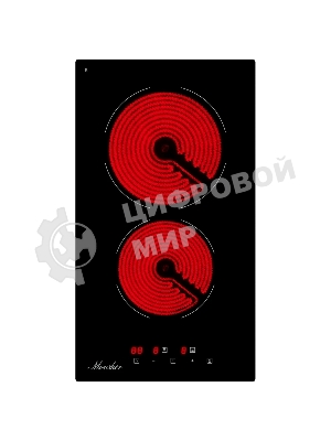 Варочная панель Monsher, High-Tech, Hi-Light, 30 см, 2 конфорки, 9 уровней мощности, сенсорное управление, автоматическое отключение, индикация остаточного тепла, таймер, черный