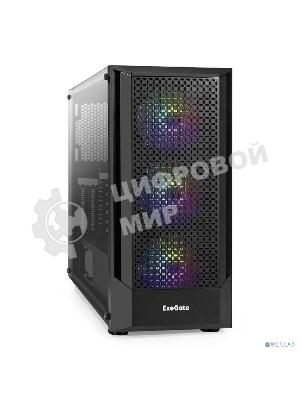 Компьютерный корпус Miditower ExeGate EVO-8227 (ATX, без БП, 2хUSB+1хUSB 3.0+HD Audio, черный, 3 вент. с RGb подсветкой, боковая панель - закаленное стекло)