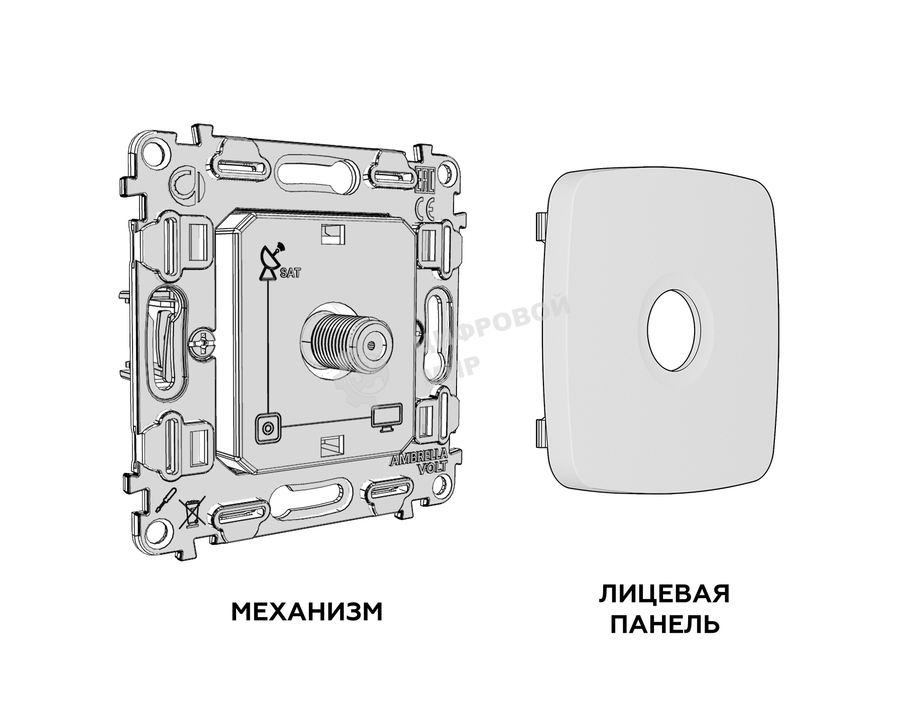 Комплект механизма TV розетки SAT 5-2400MHz 3.5dB OMEGA Сталь матовый QUANT (OP5130, VM215) MO513050