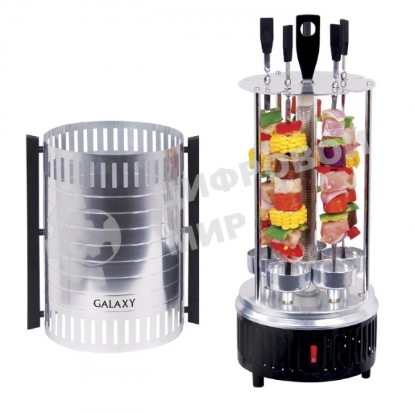 Шашлычница электрическая Galaxy Line GL 2610, серый, 1000 Вт, 5 шампуров из высококачественной нержавеющей стали, автоматическое вращение шампуров на 360°, долговечный керамический нагревательный элемент, защитный кожух из пищевого алюминия