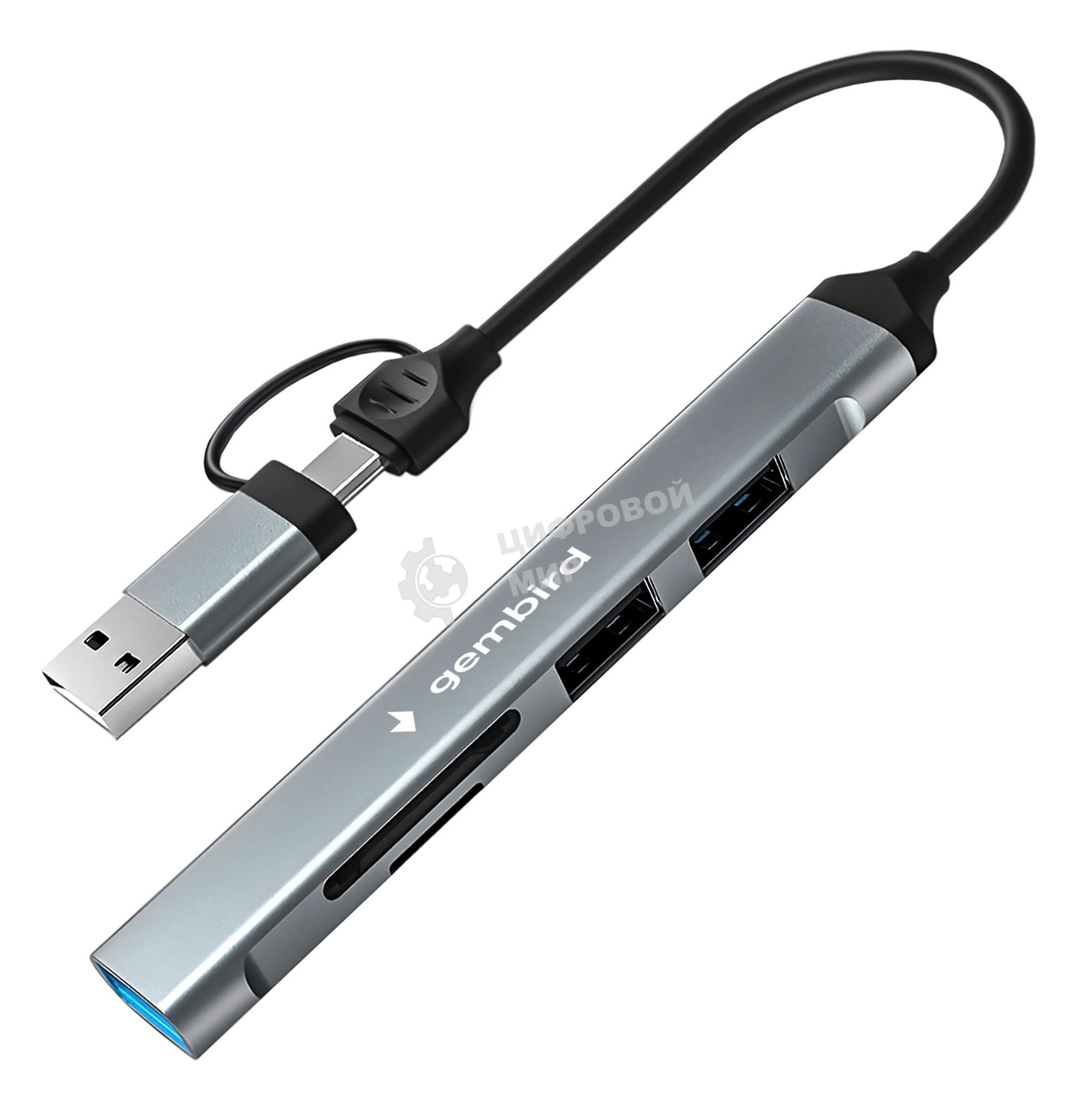 Кард-ридер Type-C/USB-A (3.1) Gembird 5в1: 2xUSB 2.0, USB3.1, SD/TF, кабель 10 см, алюминий