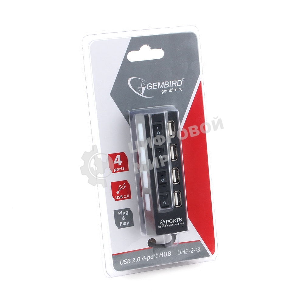 Концентратор USB 2.0 Gembird UHB-243-AD с подсветкой и выключателем, 4 порта, блистер