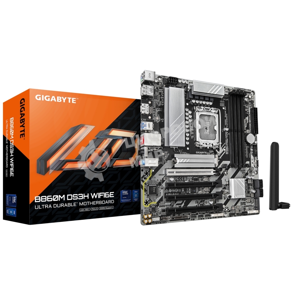 Материнская плата Gigabyte B860M DS3H WIFI6E, LGA1851, Intel B860, 4xDDR5, 4xSATA, 2xM.2, 1xPCIe 5.0 x16, 3xPCIe 4.0 x1, 2xDP, 1xHDMI, 1x2.5Gb LAN, Wi-Fi 6E, Bluetooth 5.3, 1xUSB-C 10Gbps, 2xUSB-A 10Gbps, 4xUSB-A 5Gbps, 7xUSB-A 2.0, 3x3.5 мм, 7.1, mATX
