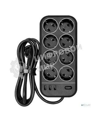 Сетевой фильтр Powercom SP-08 USB03AB 3,0 m 3.0м, 8 розеток, черный, коробка