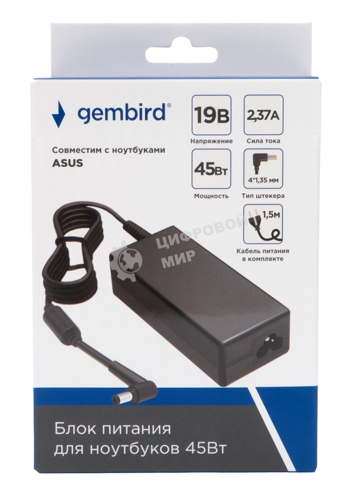 Блок питания Gembird для ноутбуков Asus 19В/2,37А, 45Вт, 1 штекер 4,0х1,35мм (NPA-AC21)