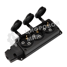 Розетка (колодка) Rexant влагозащищенная с крышкой 3 гнезда COMPACT, с/з, 16А, IP54, каучук, черный