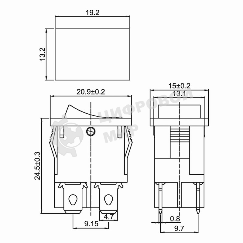 Выключатель клавишный Rexant 250V 6А (4с) ON-OFF синий с подсветкой Mini