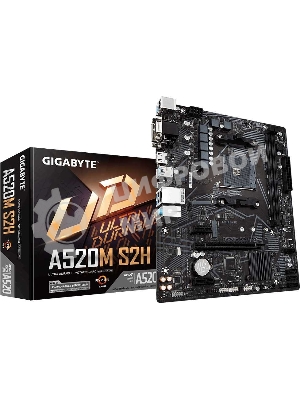Материнская плата Gigabyte A520M S2H, AM4, AMD A520, 2xDDR4, 4xSATA, 1xM.2, 1xPCIe 3.0 x16, 2xPCIe x1, 1xHDMI, 1xDVI-D, 1xVGA, 1x 1Gb LAN, 4xUSB-A 3.2 Gen 1, 2xUSB-A 2.0, 3x3.5 мм, 7.1, mATX