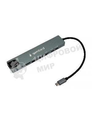 Концентратор USB Type-C Gembird UHB-D3, 8в1: USB2.0, USB3.1, Type-C PD87W, Type-C, HDMI, SD/TF, RJ45, кабель 20 см, алюминий