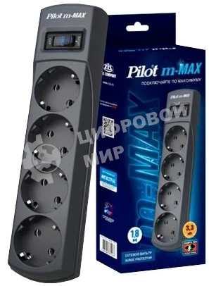 Сетевой фильтр ZIS (Pilot) m Max 4 розетки (евро с заземлением), 15А/3.3 кВа, автомат, 1.8 м, серый графит Surge protector Pilot m Max 4 euro outlets, 15А/3.3кВа, 1.8m