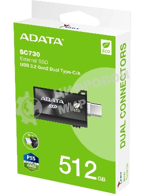 Внешний SSD ADATA SC730, 512 Gb, USB 3.2 Gen 2 Type-A/Type-C, R/W 600/600, черный