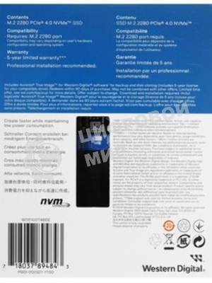 Накопитель SSD Western Digital WD Blue SN5000, 1Tb, PCIe 4.0 x4, M.2 2280, NVMe, R/W 5150/4900