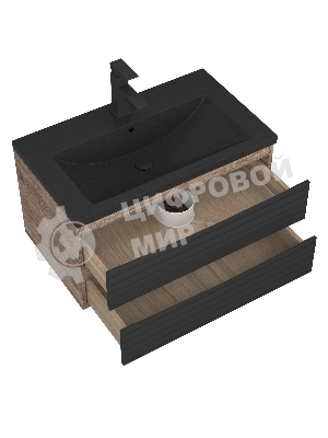 Тумба под раковину Bau Stil Loft black brushed, раковина кварцевая BAU Stil 75, черный металлик, смеситель Hotel Black, черный