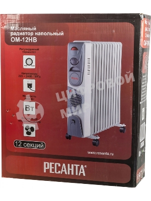 Обогреватель масляный Ресанта ОМ-12НВ (11 секций) белый, 2900 Вт, 25 м2, термостат 67/3/12