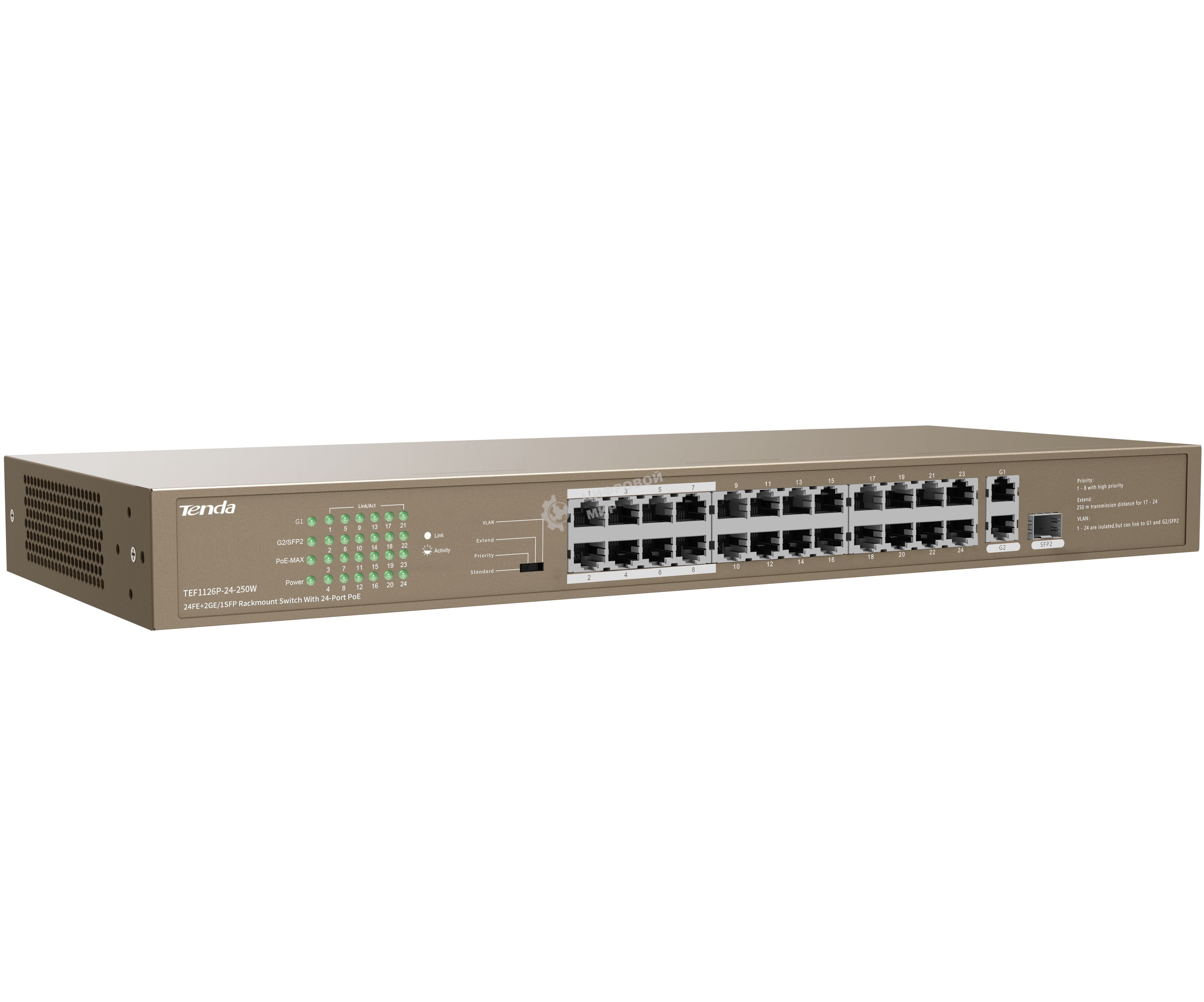 Коммутатор Tenda TEF1126P-24-250W 26-Портовыйбез управления FE c 24 портами PoE