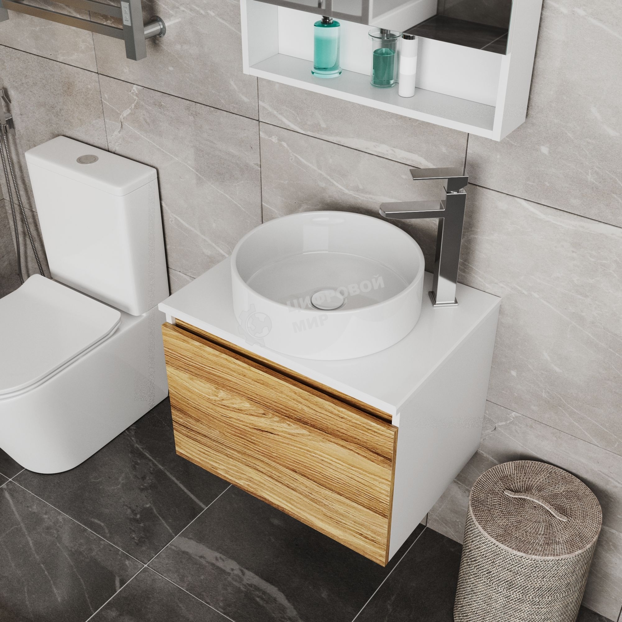 Комплект для ванной, 4 предмета (Тумба Bau Dream Blackwood 60, раковина BAU ream круглая D41, смеситель для раковины высокий Hotel Still, нержавеющая сталь, выпуск клик клак, белый)