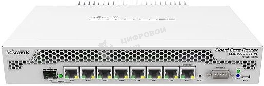 Маршрутизатор Mikrotik CCR1009-7G-1C-PC with Tilera Tile-Gx9 CPU (9-cores, 1Ghz per core), 1Gb RAM, 7xGbit LAN, 1x Combo port (1xGbit LAN or SFP), RouterOS L6, passive cooling desktop enclosure, rackmount ears, PSU