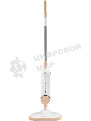 Паровая швабра Galaxy Line GL 6401, белый с бежевым, 1600 Вт, 0,35 л, 2,5 бар, 3 режима, время работы до 25 мин, макс. подача пара 35 г/мин, макс. температура нагрева 110°C, время нагрева 30 с, уборка на расстоянии до 6 м, вертикальная парковка, аксессуары: накладка из микрофибры, насадка для ковров, мерный стакан
