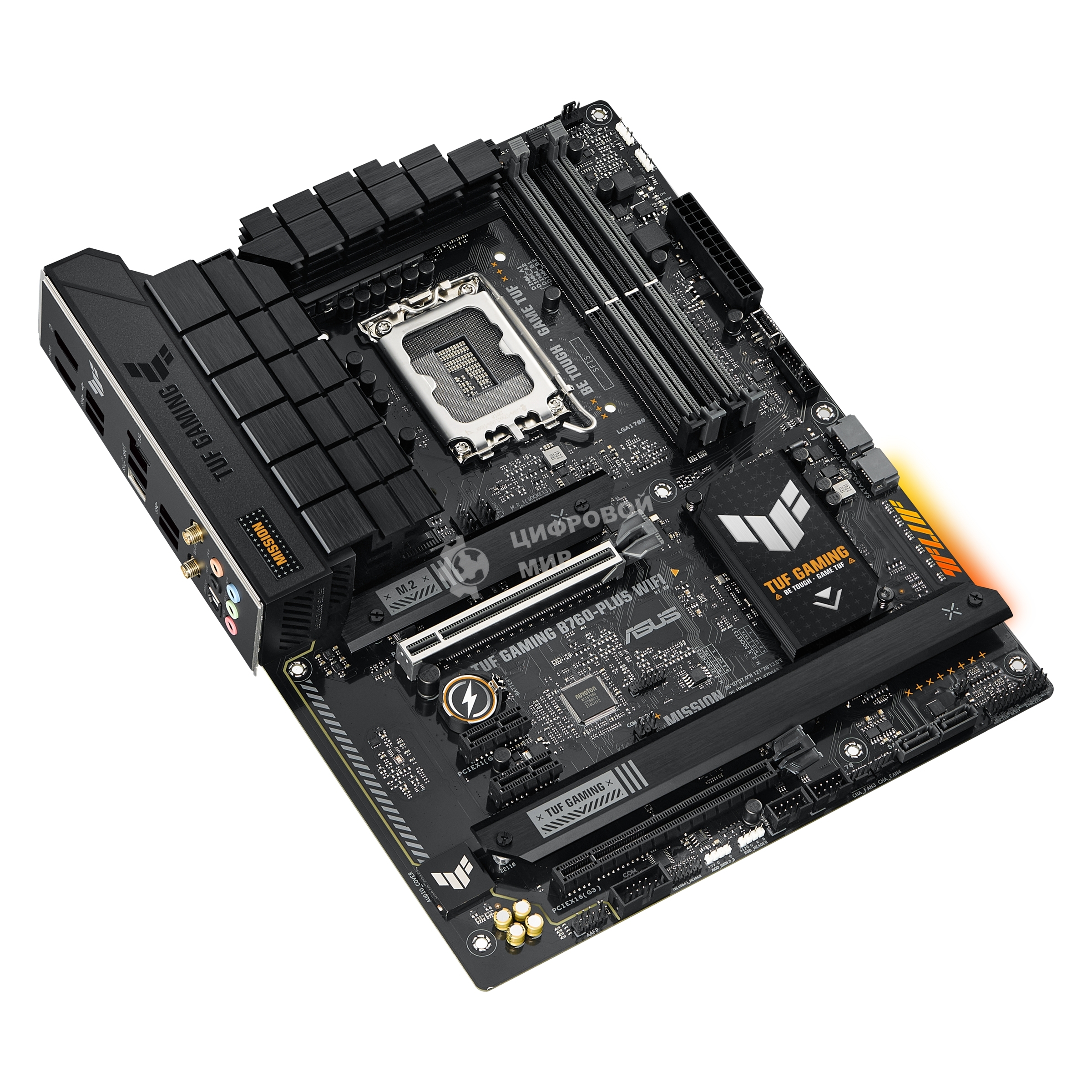 Материнская плата ASUS TUF GAMING B760-PLUS WIFI, LGA 1700, Intel B760, 4xDDR5, 4xSATA, 3xM.2, 1xPCI-E 5.0 x16, 1xPCI-E 3.0 x4, 1xUSB-A 3.2 Gen 2, 3xUSB-A 3.2 Gen 1, 1xUSB-C 3.2 Gen 2x2, 1x2.5Gb LAN, 5x3.5 мм, 7.1, Wi-Fi 6, Bluetooth 5.2, Standard-ATX