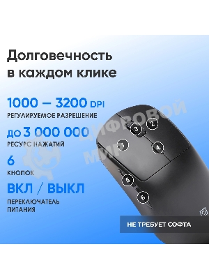 Мышь Оклик 489MW черный оптическая 3200dpi silent беспров. BT/Radio USB 6but (1885440)