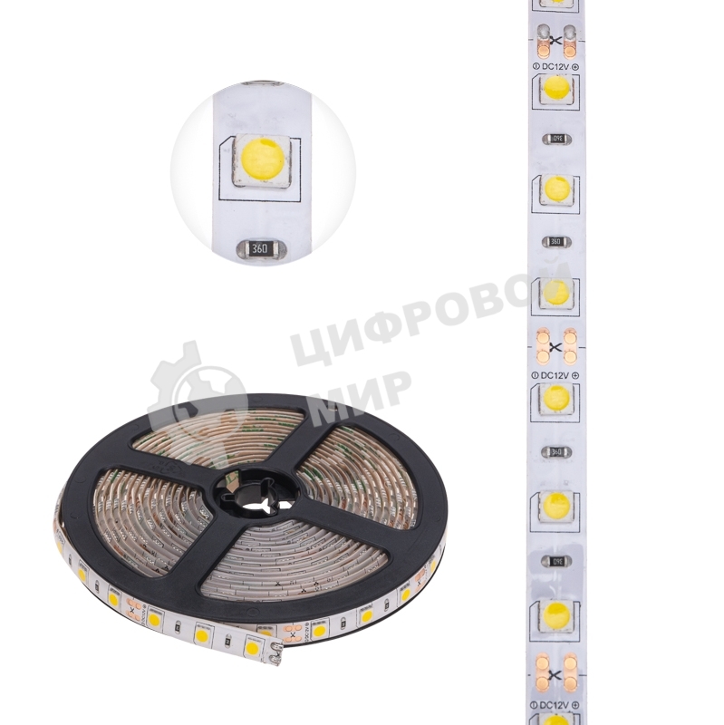 Лента светодиодная 5 м 12 В 5050 2700 К IP65 60 LED/м для БП с клеммами LAMPER