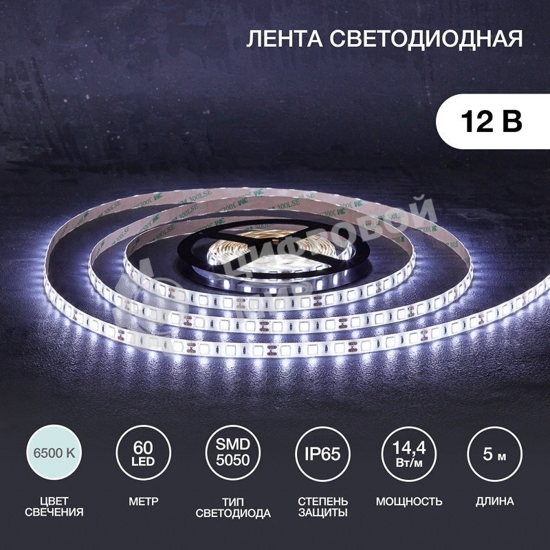 Лента светодиодная 5 м 12 В 5050 6500 К IP65 60 LED/м для БП с клеммами LAMPER