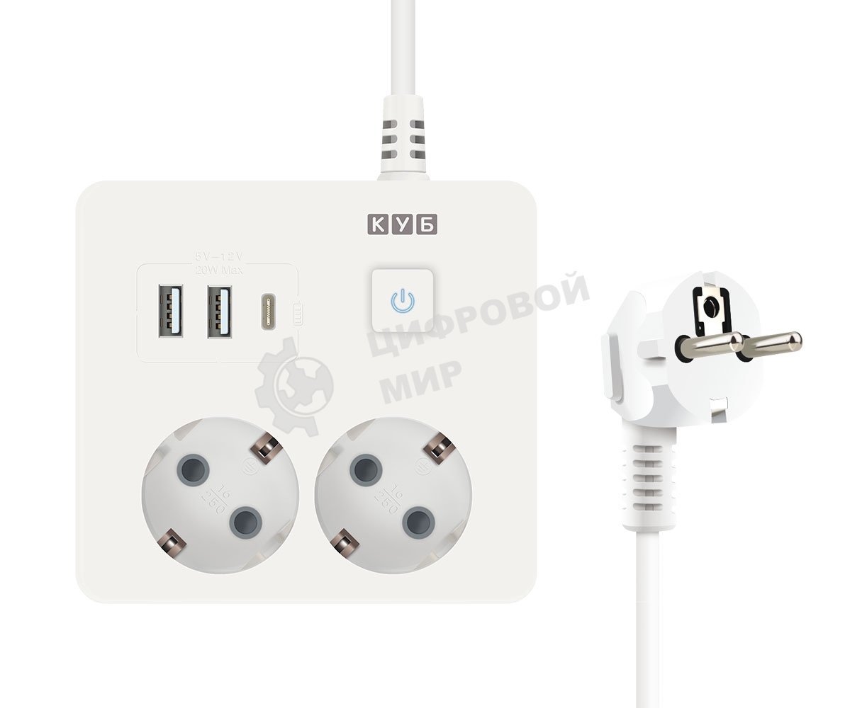 Удл. PC 0,5 м, 2 р с/з, с вык.16А, 3USB, бел. кв SPG5-A4