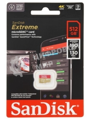 Флеш карта microSD 512Gb SanDisk microSDXC Class 10 UHS-I A2 C10 V30 U3 Extreme 190MB/s
