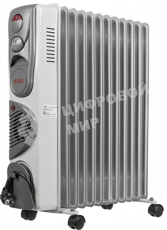 Обогреватель масляный Ресанта ОМ-12НВ (12 секций) белый, 2900 Вт, 25 м2, термостат 67/3/12