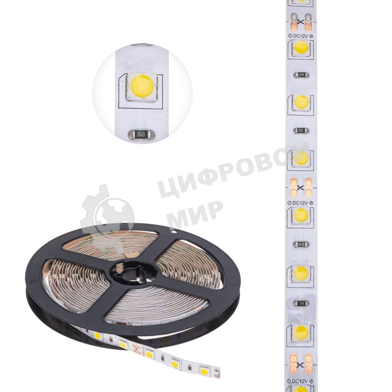 Лента светодиодная 5 м 12 В 5050 4000 К IP23 60 LED/м для БП с клеммами LAMPER