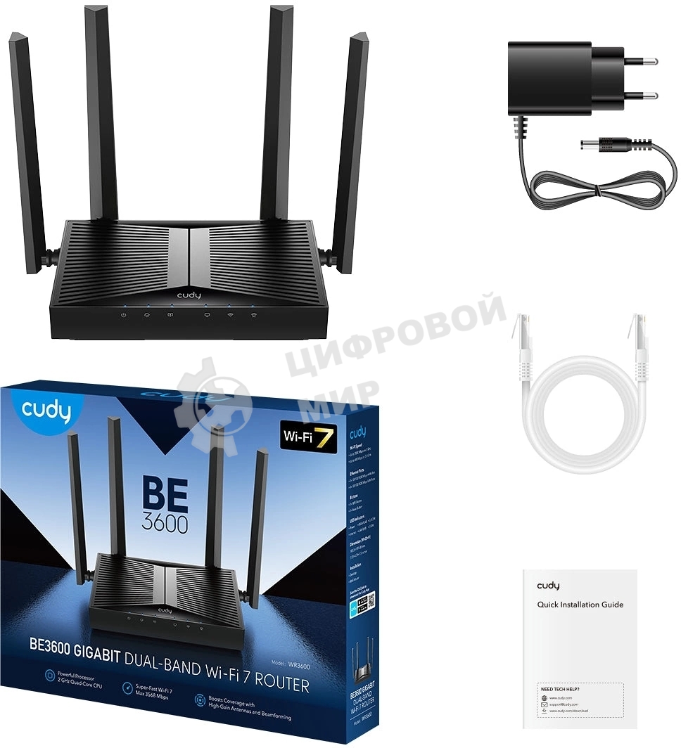 Маршрутизатор Cudy BE3600 Gigabit Dual Band Wi-Fi 7 Mesh Router, Chipset Broadcom, 802.11be/ax/ac/a/b/g/n, 2882Mbps at 5GHz + 688Mbps at 2.4GHz, 5 x 10/100/1000Mbps Ports, 4 x 5dBi fixed antennas, WiFi router/AP/Repeater/WISP Mode, PPTP/L2TP/OpenVPN/WireG